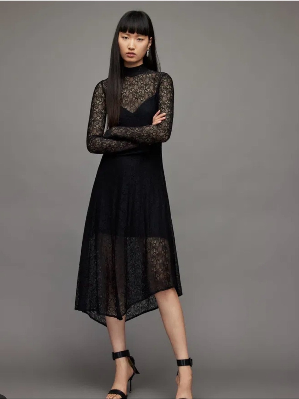 Hannah Black Lace Long-Sleeve Midi Dress
